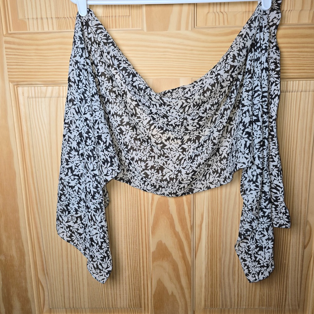 Scarf Belt Shawl Sash Table Runner Beach Cover Up Black White Floral 58"x14" VTG